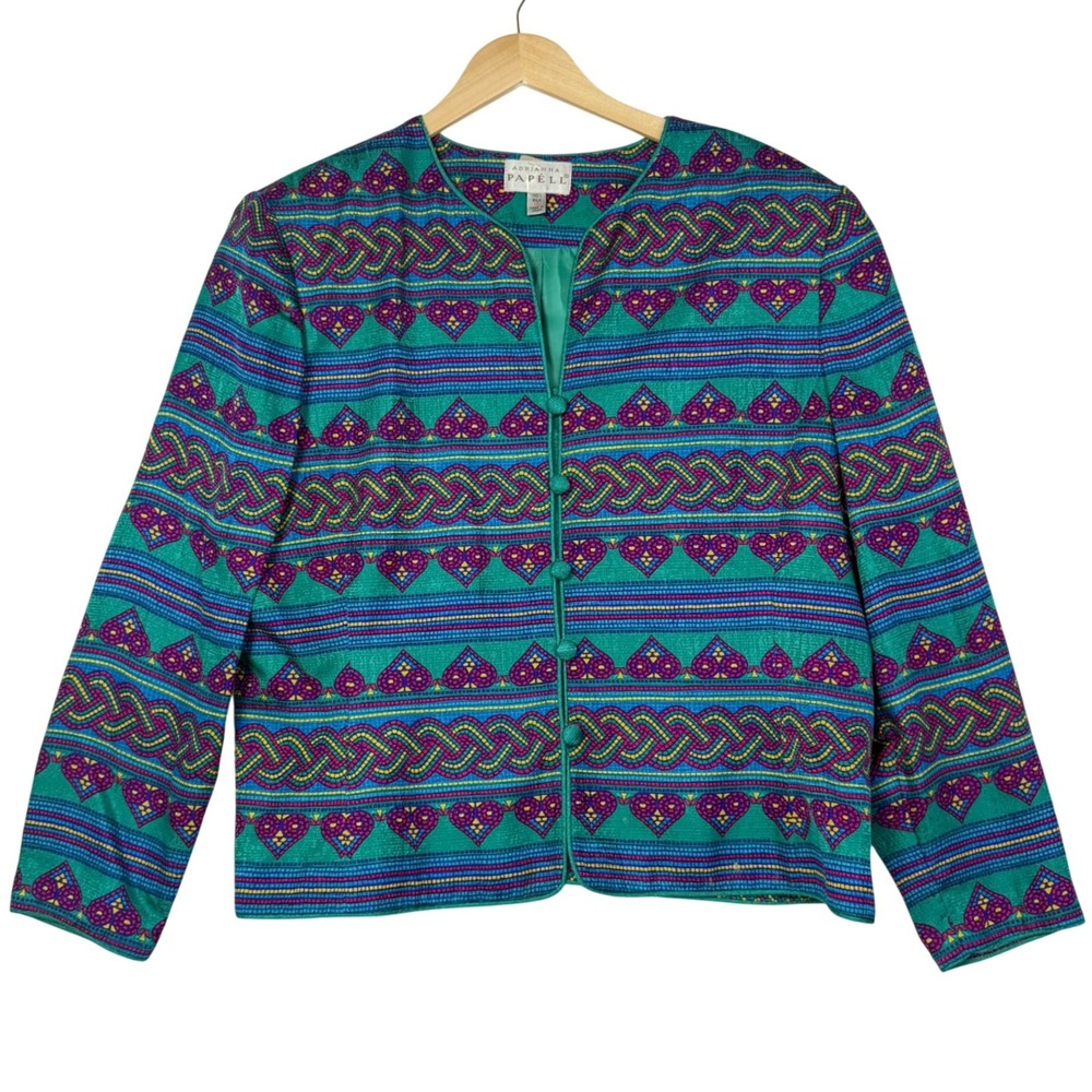 Adrianna Papell‎ Womens Size 16 Multicolor Silk Eclectic 90s Vintage Jacket - Picture 2 of 8